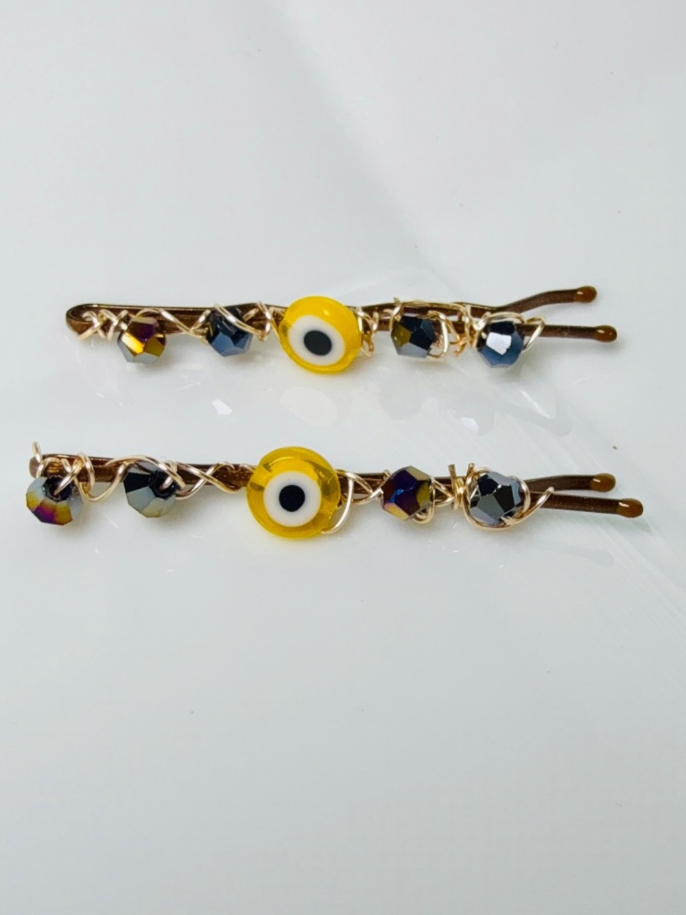 Yellow Evil Eye with Smokey Crystals Beaded Bobby Pins